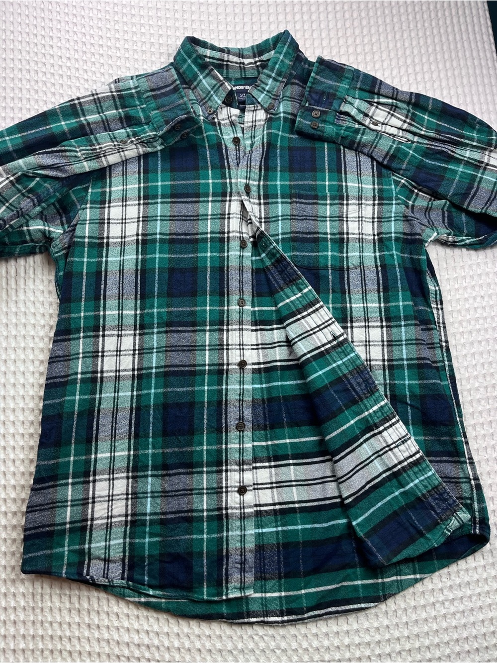 Lands’ End Men’s L/T 16-16½ Traditional Fit Plaid Flannel Shirt Green Navy
